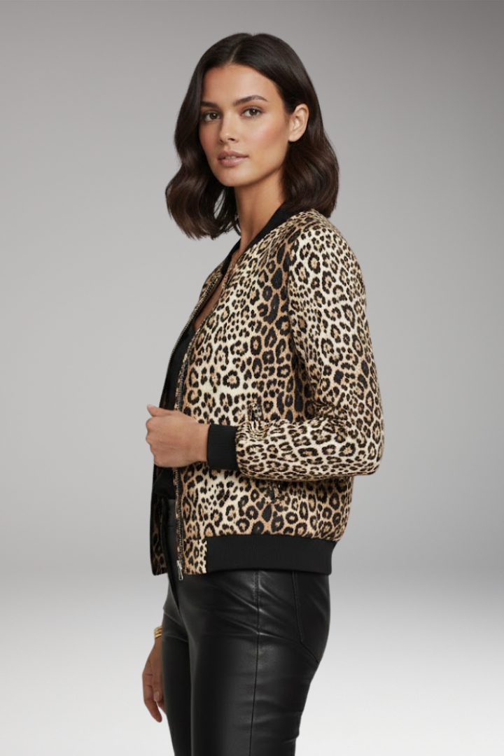 Women's Bomber Jacket with Zipper and Leopard Pattern