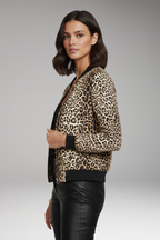 Women's Bomber Jacket with Zipper and Leopard Pattern