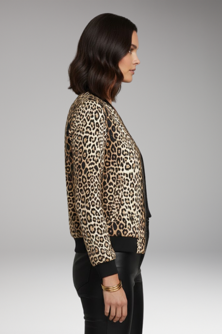 Women's Bomber Jacket with Zipper and Leopard Pattern
