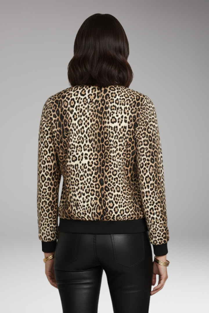 Women's Bomber Jacket with Zipper and Leopard Pattern