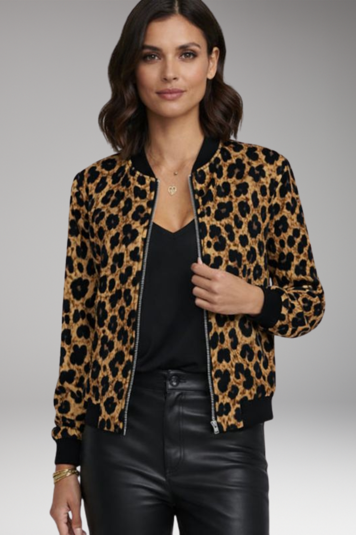 Women's Bomber Jacket with Zipper and Leopard Pattern