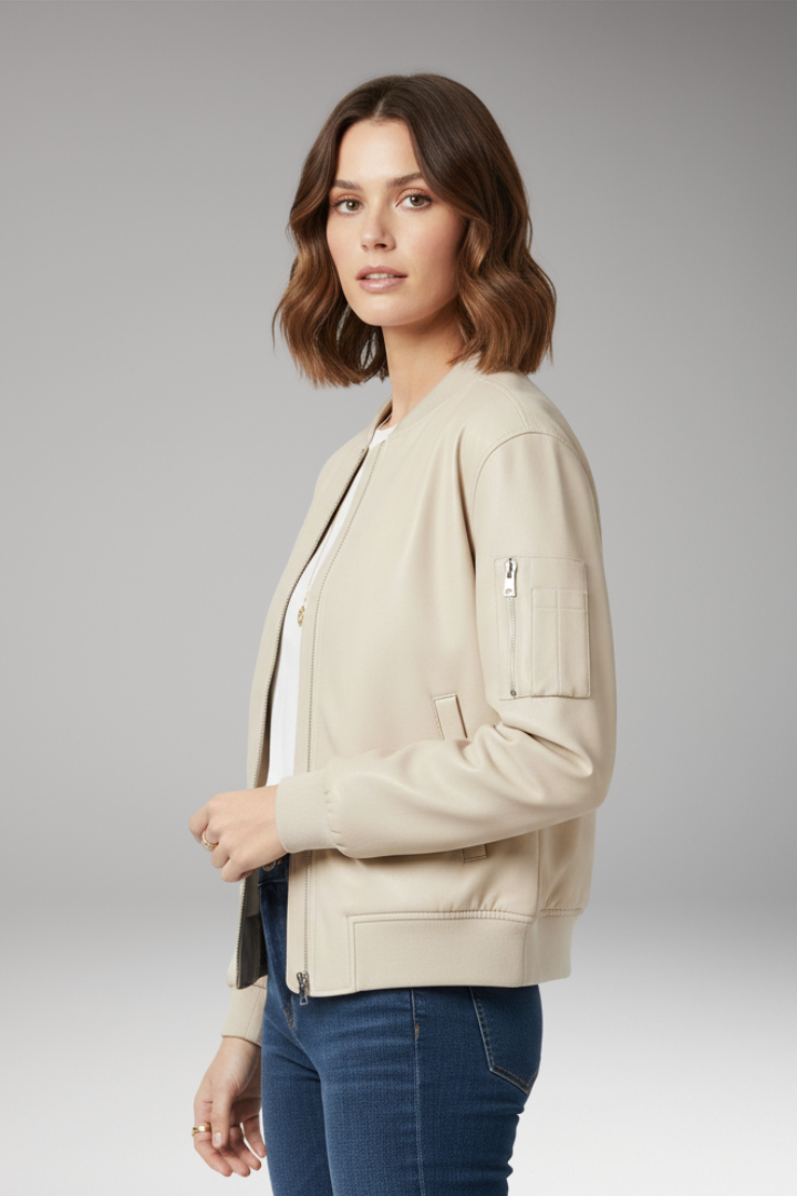 Women's Bomber Jacket with Zipper and Ribbed Edges