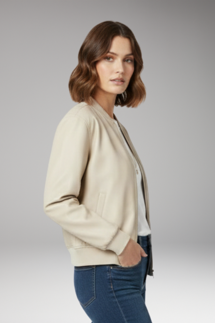 Women's Bomber Jacket with Zipper and Ribbed Edges