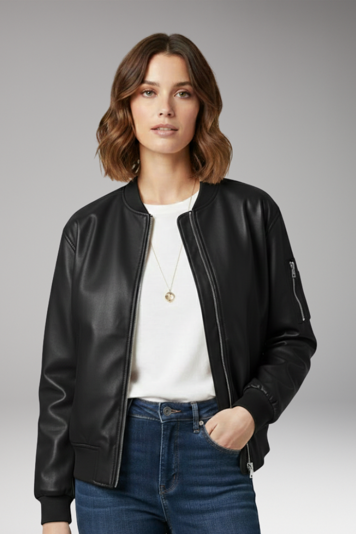 Women's Bomber Jacket with Zipper and Ribbed Edges