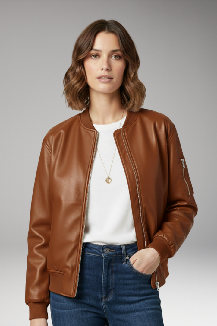 Women's Bomber Jacket with Zipper and Ribbed Edges