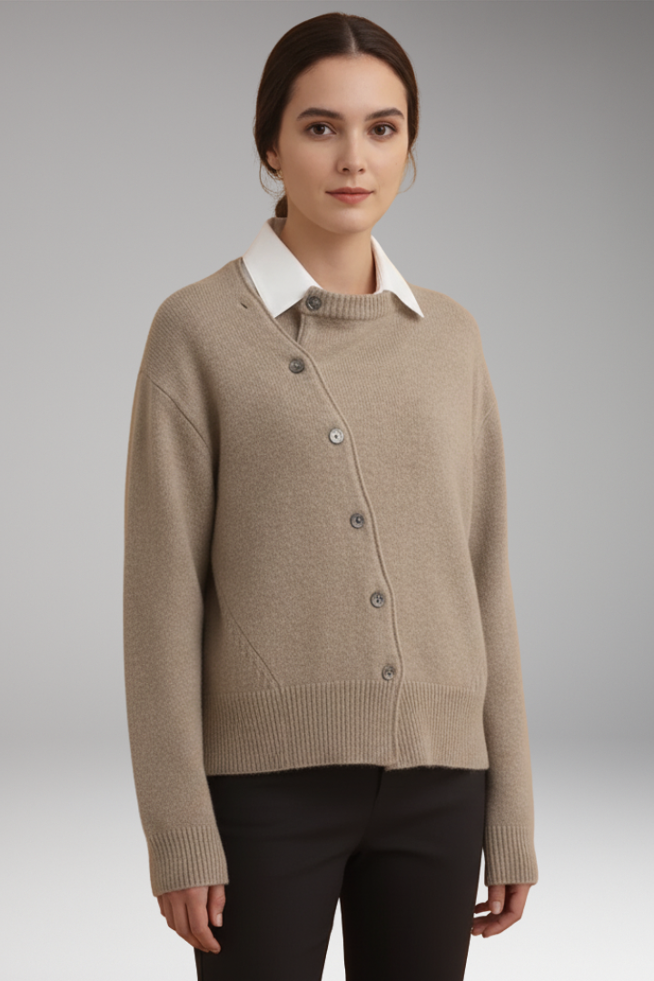 Women's Cardigan with Asymmetrical Buttons and Long Sleeves
