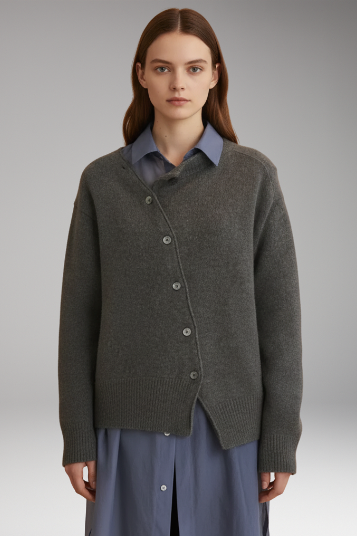 Women's Cardigan with Asymmetrical Buttons and Long Sleeves