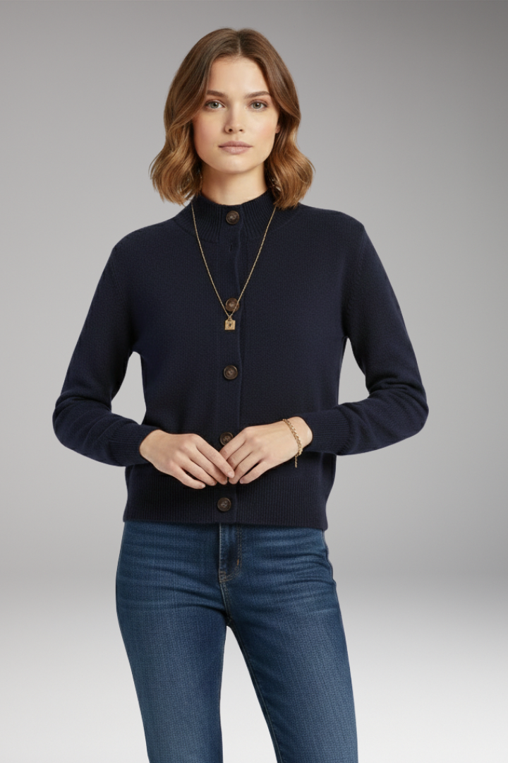 Women's Cardigan with High Neckline and Button Closure