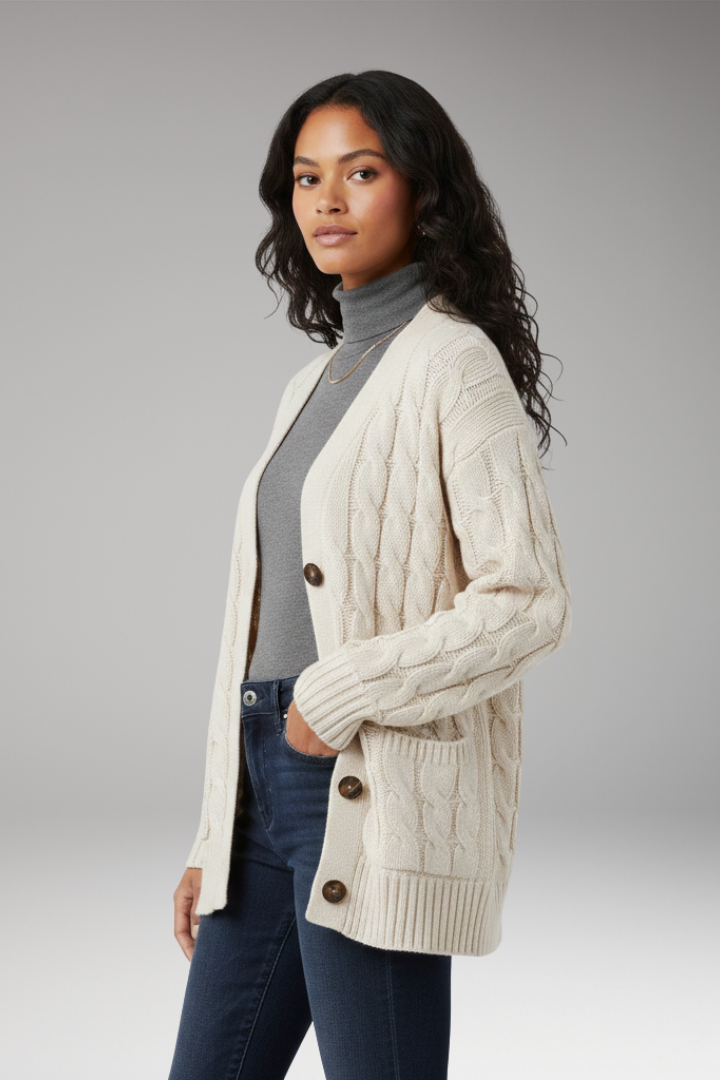 Women's Cardigan with V-Neckline and Textured Surface