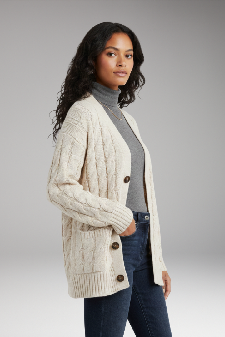Women's Cardigan with V-Neckline and Textured Surface