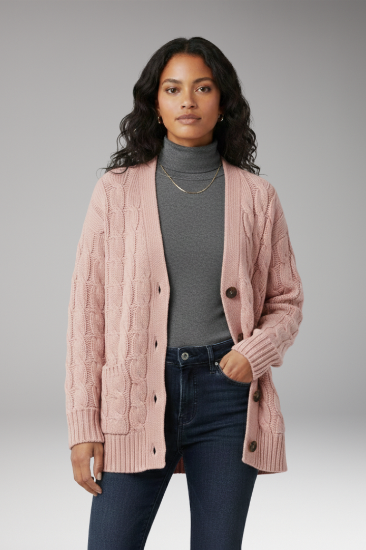 Women's Cardigan with V-Neckline and Textured Surface