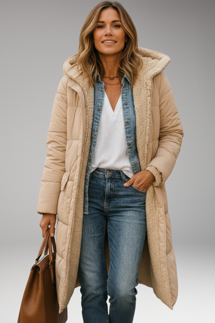 Women's Coat with Hood and Quilted Surface