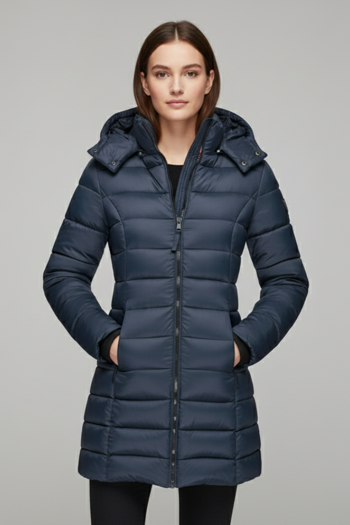 Women's Coat with Hood and Quilted Surface