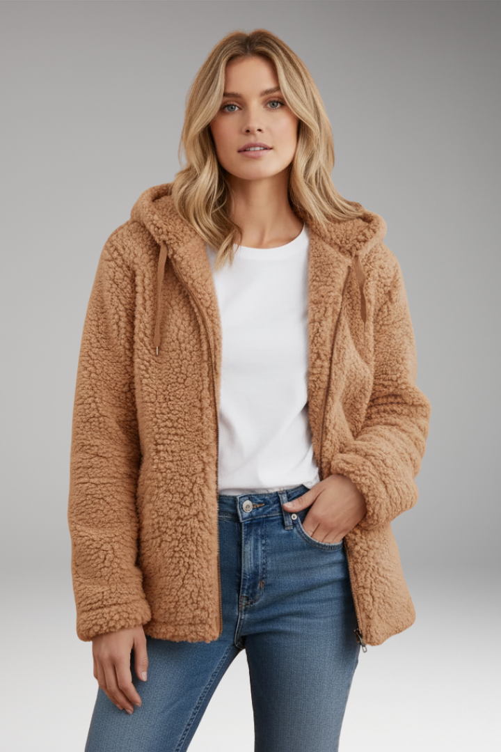 Women's Coat with Hood and Textured Surface