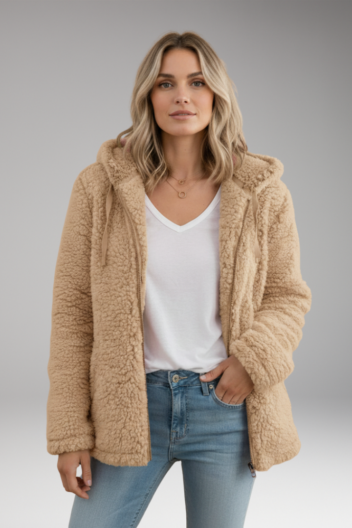 Women's Coat with Hood and Textured Surface