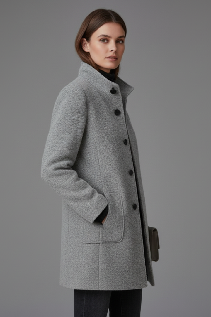 Women's Coat with Stand Collar and Button Closure