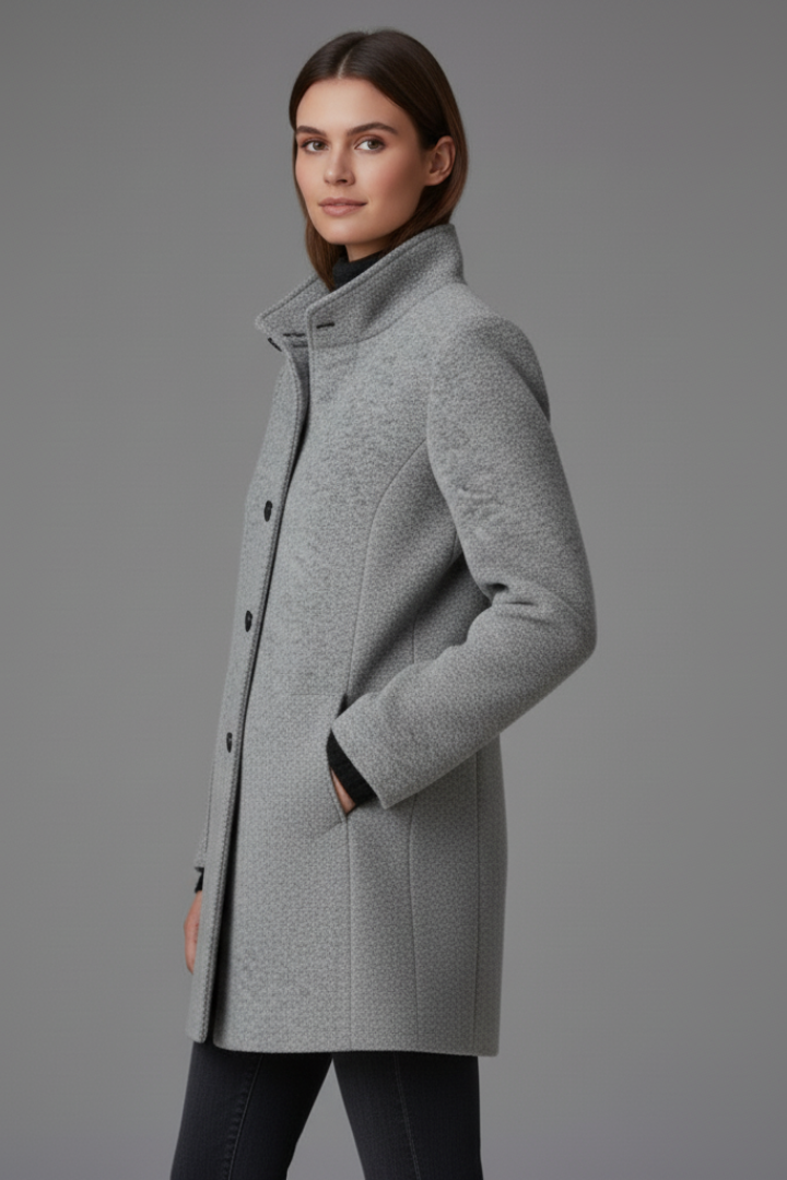 Women's Coat with Stand Collar and Button Closure