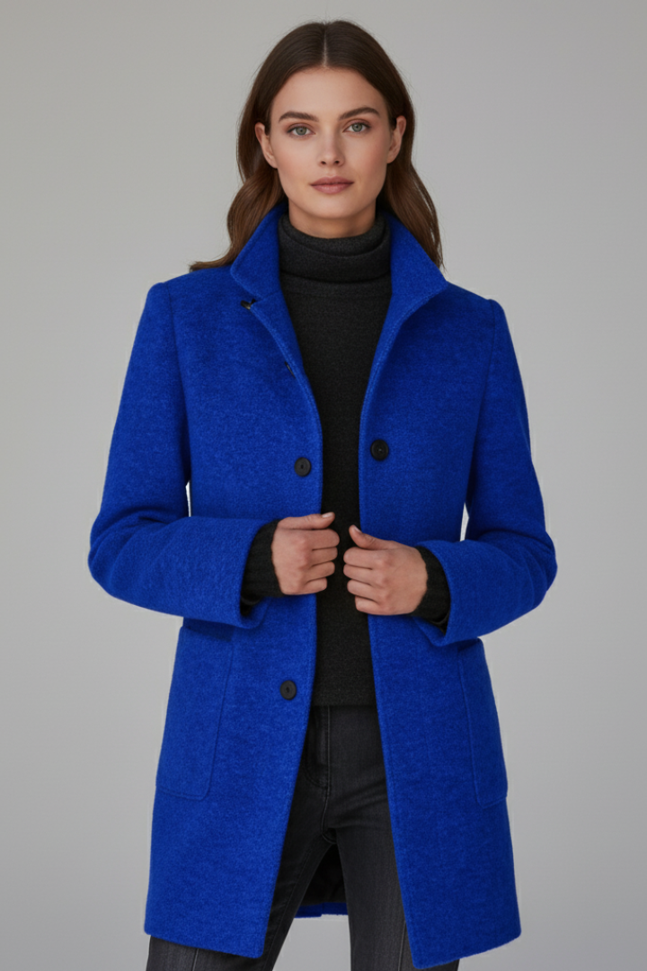Women's Coat with Stand Collar and Button Closure