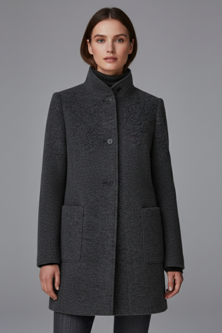 Women's Coat with Stand Collar and Button Closure
