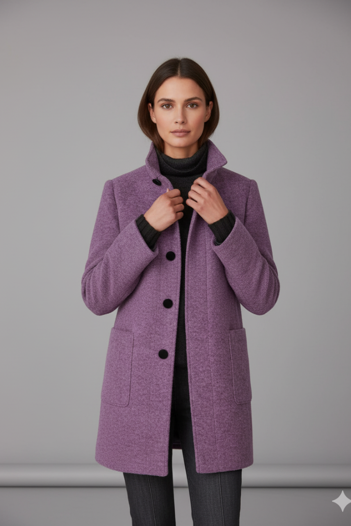 Women's Coat with Stand Collar and Button Closure
