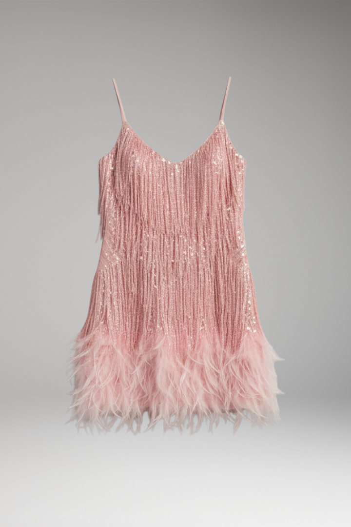 Women's Cocktail Dress with Fringe and Feather Hem