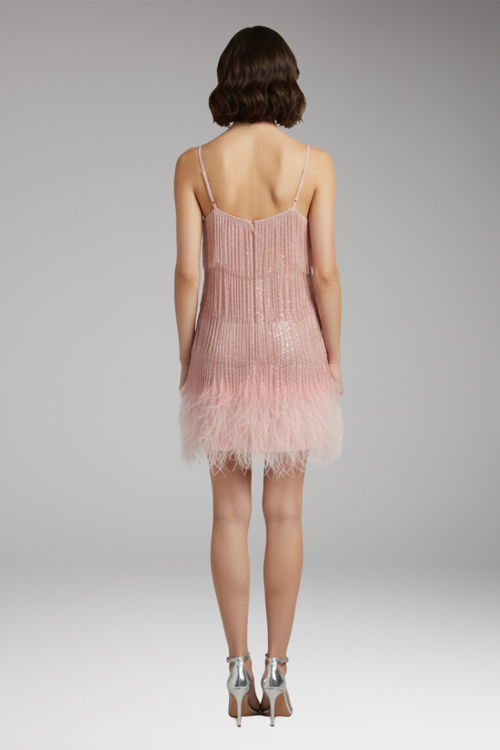 Women's Cocktail Dress with Fringe and Feather Hem
