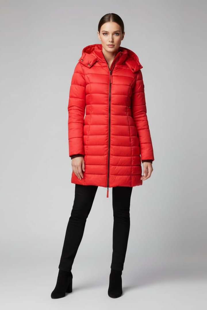 Women's Down Jacket with Hood and Zip Closure