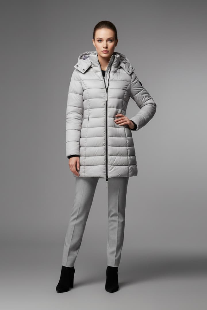 Women's Down Jacket with Hood and Zip Closure