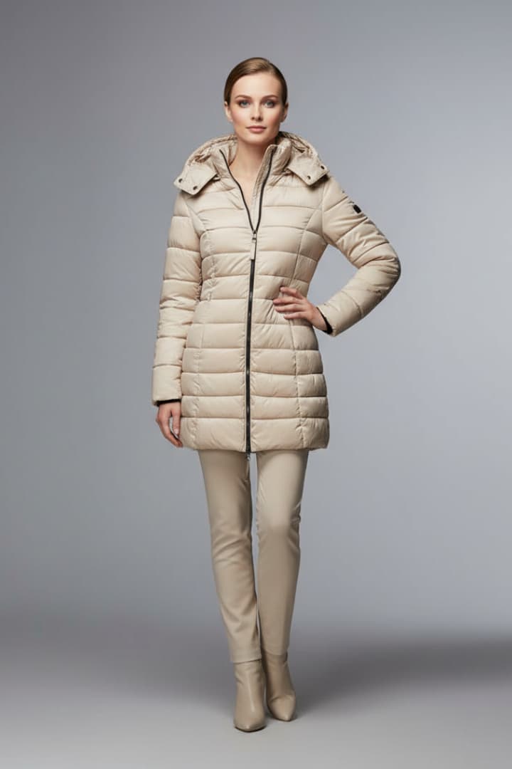 Women's Down Jacket with Hood and Zip Closure