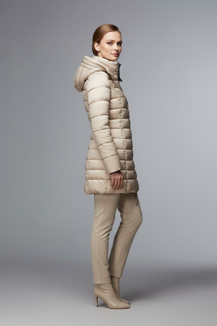 Women's Down Jacket with Hood and Zip Closure