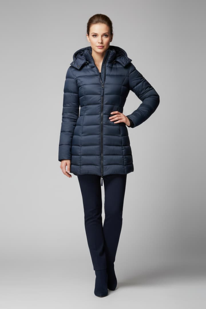 Women's Down Jacket with Hood and Zip Closure