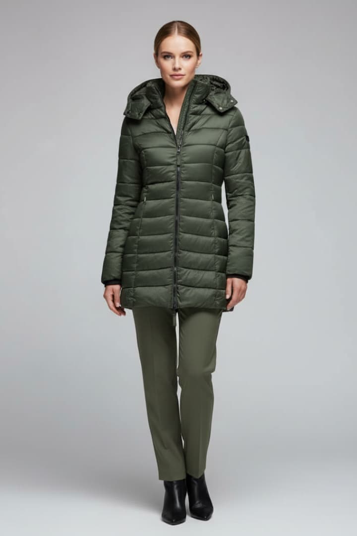 Women's Down Jacket with Hood and Zip Closure