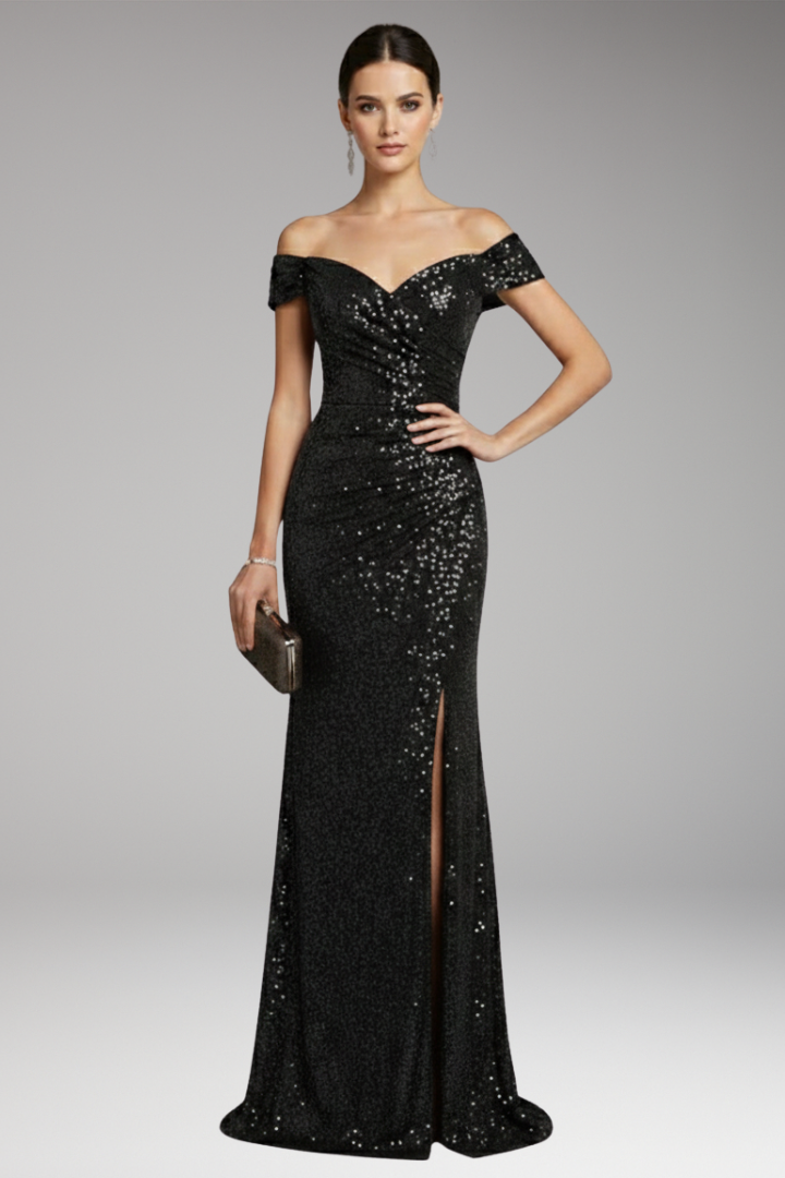 Women's Dress with Off-Shoulder Neckline and Sequined Surface