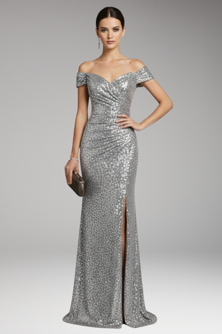 Women's Dress with Off-Shoulder Neckline and Sequined Surface