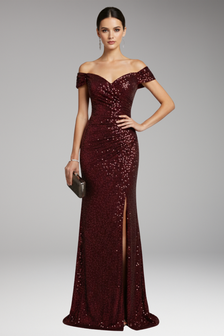 Women's Dress with Off-Shoulder Neckline and Sequined Surface