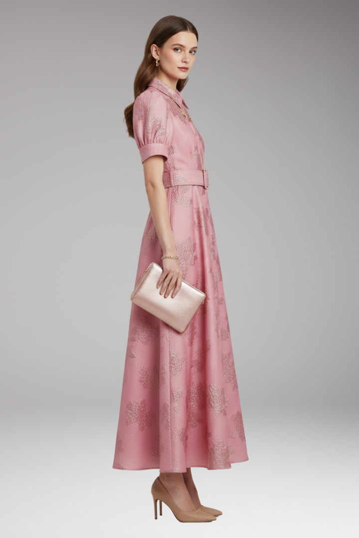 Women's Dress with Puff Sleeves and Belted Waist