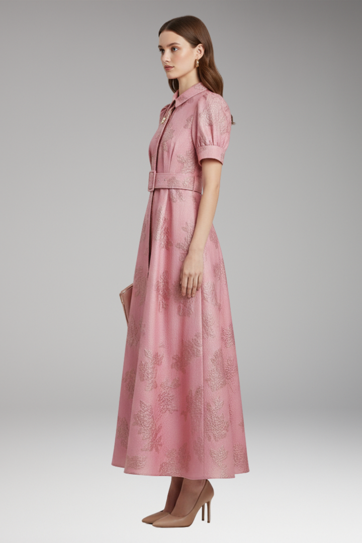 Women's Dress with Puff Sleeves and Belted Waist