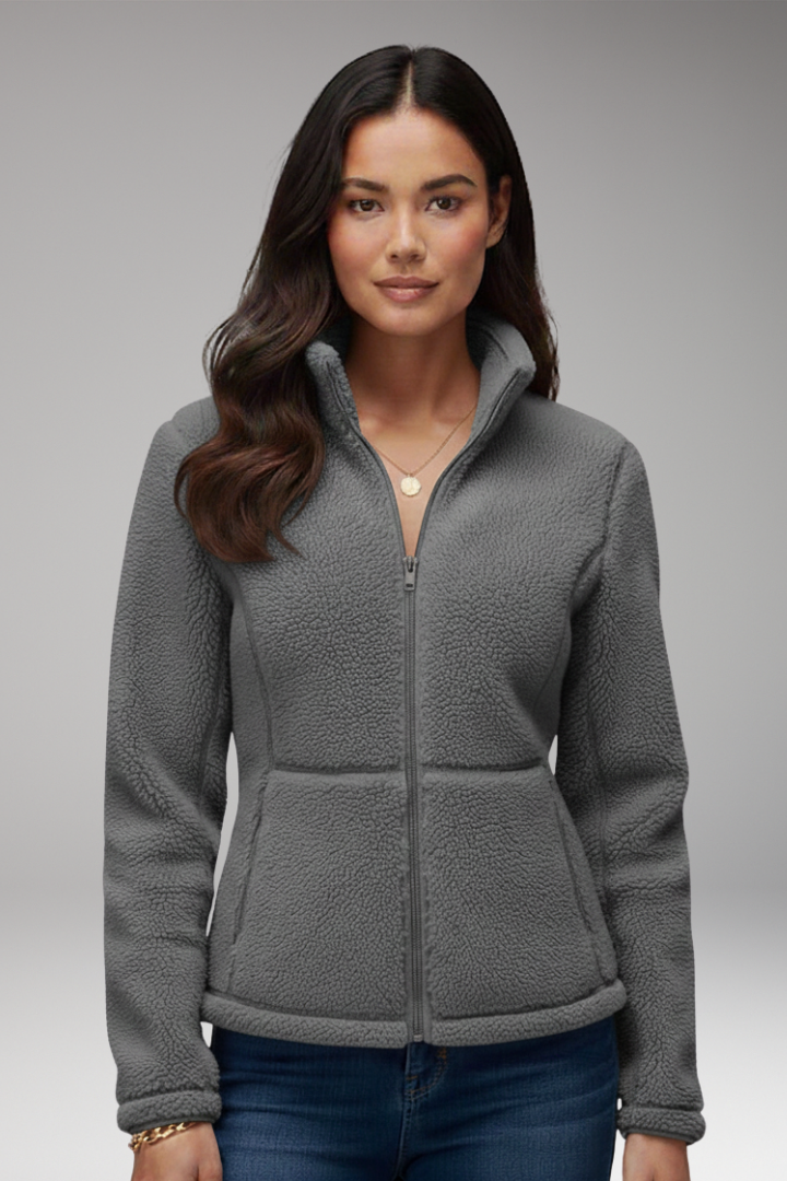 Women's Fleece Jacket with Stand-Up Collar and Zipper Closure