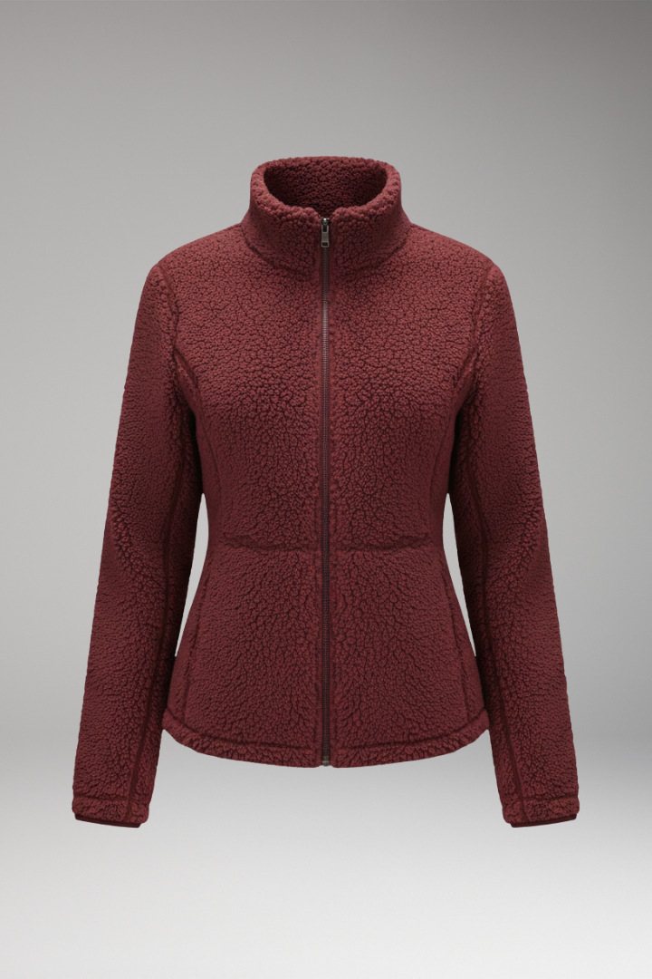 Women's Fleece Jacket with Stand-Up Collar and Zipper Closure