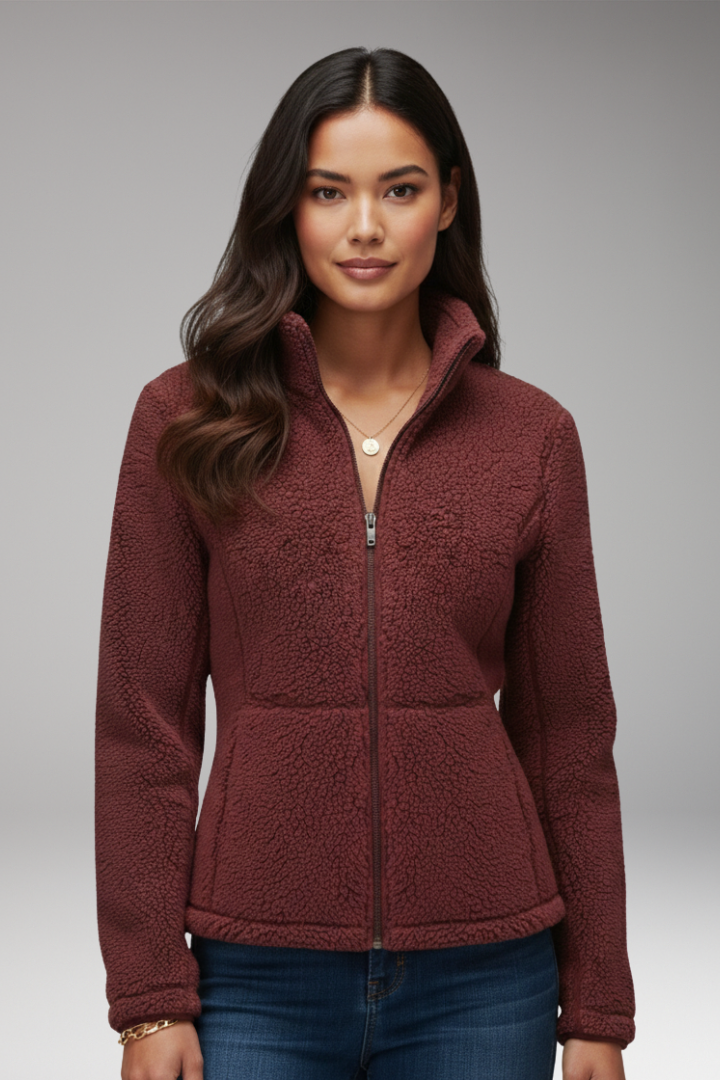 Women's Fleece Jacket with Stand-Up Collar and Zipper Closure