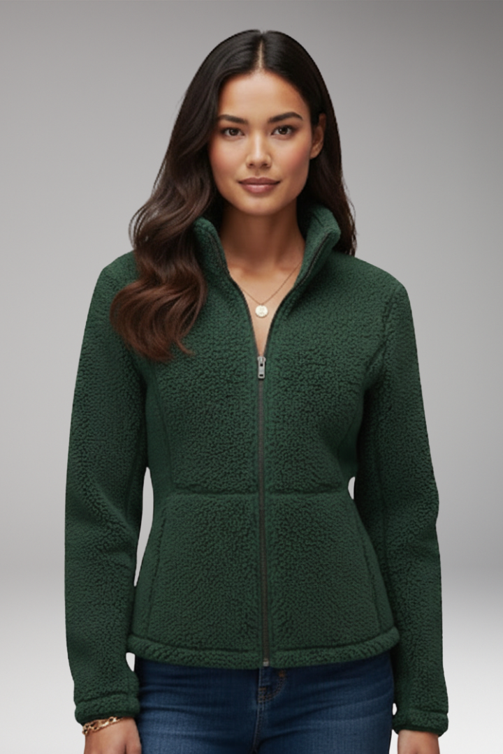 Women's Fleece Jacket with Stand-Up Collar and Zipper Closure