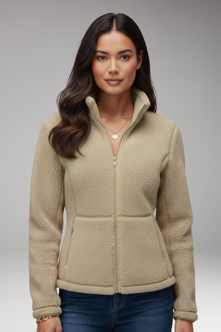 Women's Fleece Jacket with Stand-Up Collar and Zipper Closure