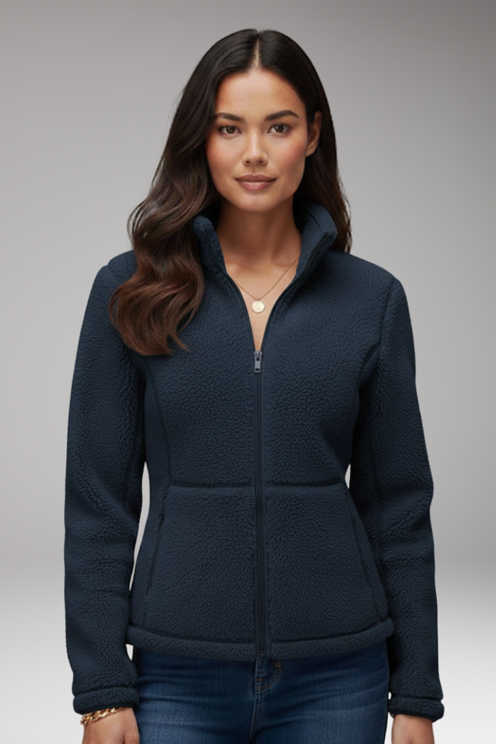 Women's Fleece Jacket with Stand-Up Collar and Zipper Closure