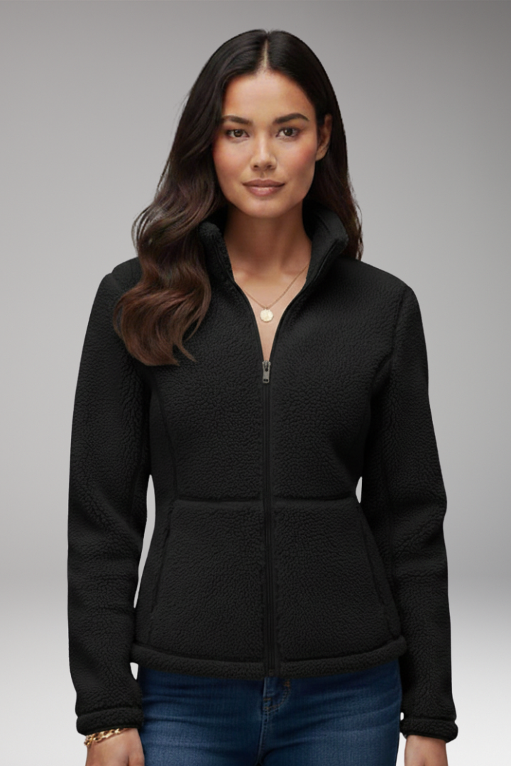 Women's Fleece Jacket with Stand-Up Collar and Zipper Closure