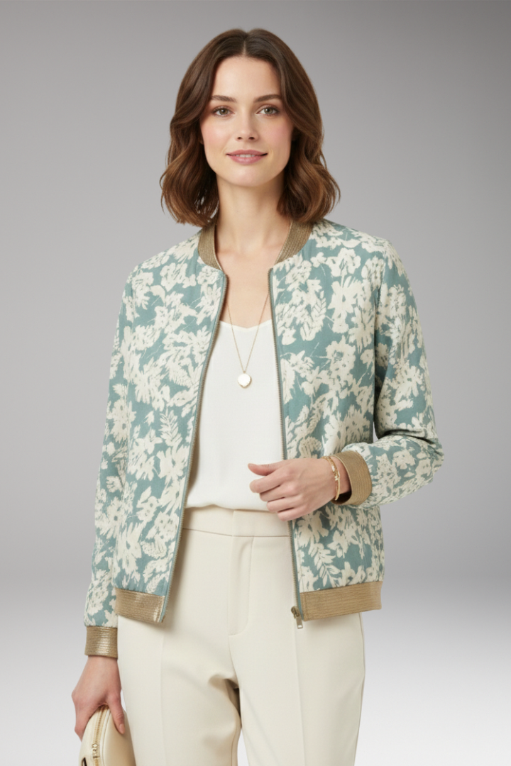 Women's Floral Bomber Jacket with Zipper and Elastic Hem