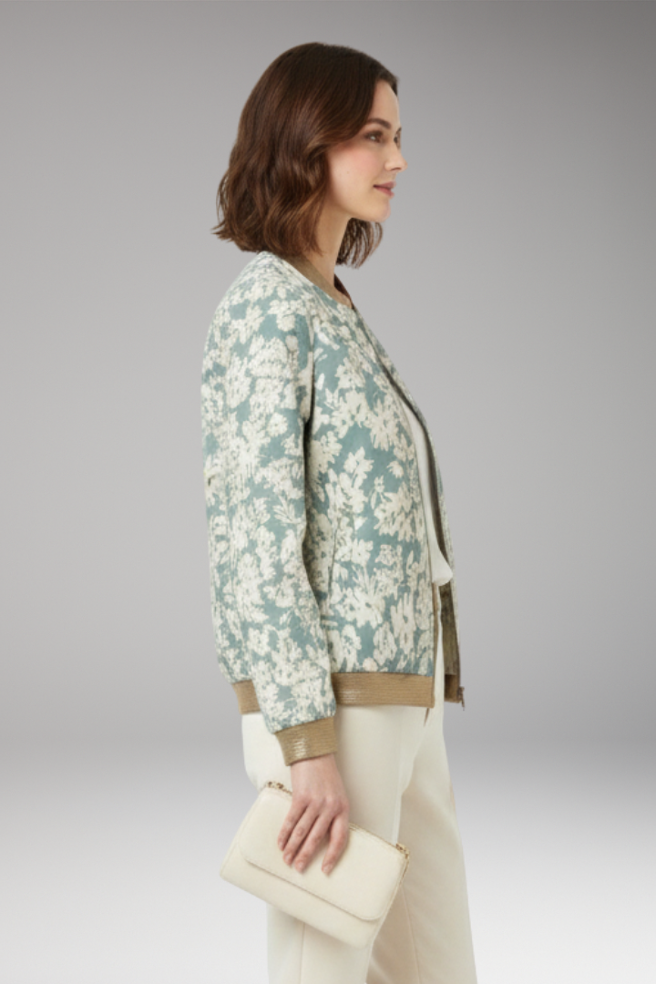 Women's Floral Bomber Jacket with Zipper and Elastic Hem
