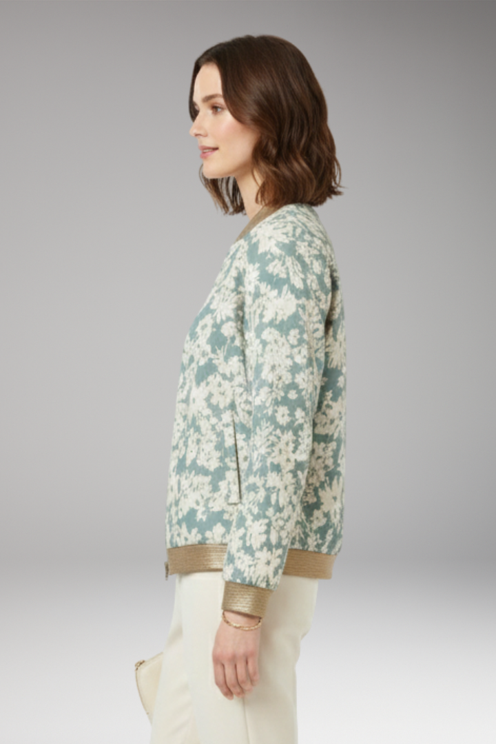 Women's Floral Bomber Jacket with Zipper and Elastic Hem