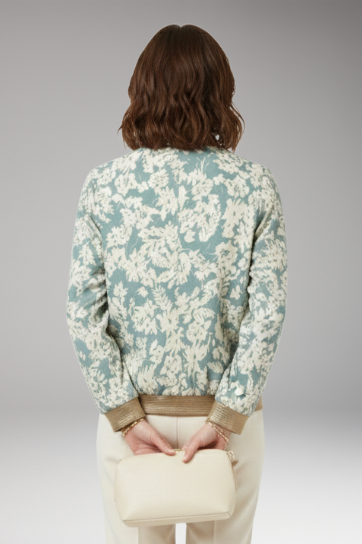 Women's Floral Bomber Jacket with Zipper and Elastic Hem