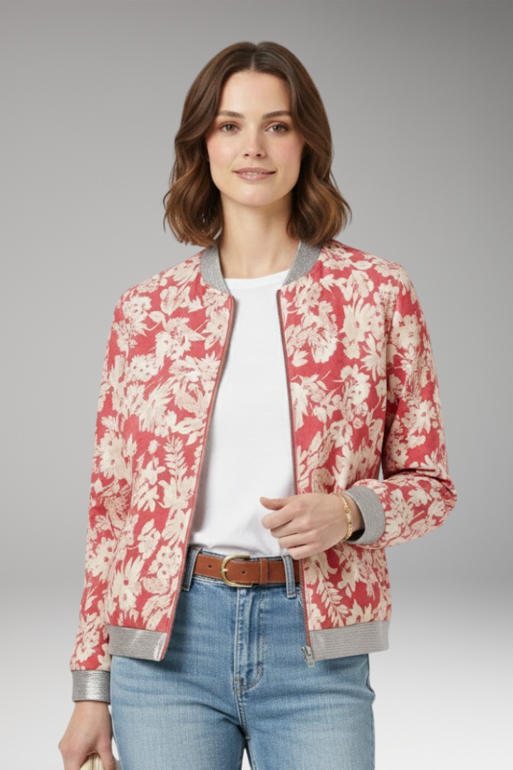 Women's Floral Bomber Jacket with Zipper and Elastic Hem