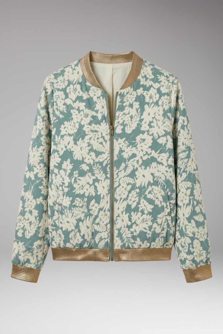 Women's Floral Bomber Jacket with Zipper and Elastic Hem